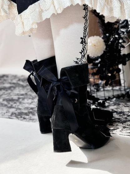 Rear High - Scalloped Foldable Lacing Cuff Elegant Black Block with Ankle Lolita Boots Heel Edging