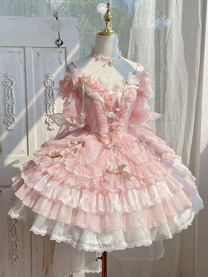 テーマピンクチューリップロリータドレスバレエコア姫レイヤードスカート