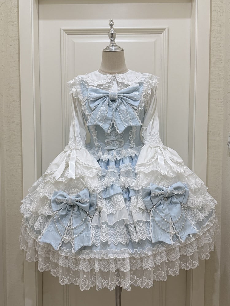 Lolita Rock Kleid Große Schleifen Dekoration Hanayome Blau Tiered