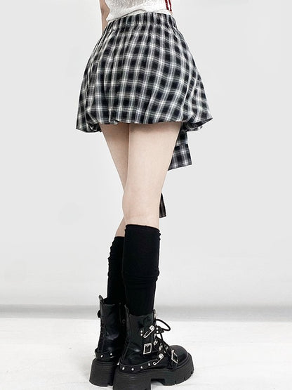 Design Y2K BlackWhite Plaid Glamorous Skirt Lace-up Pattern Bubble