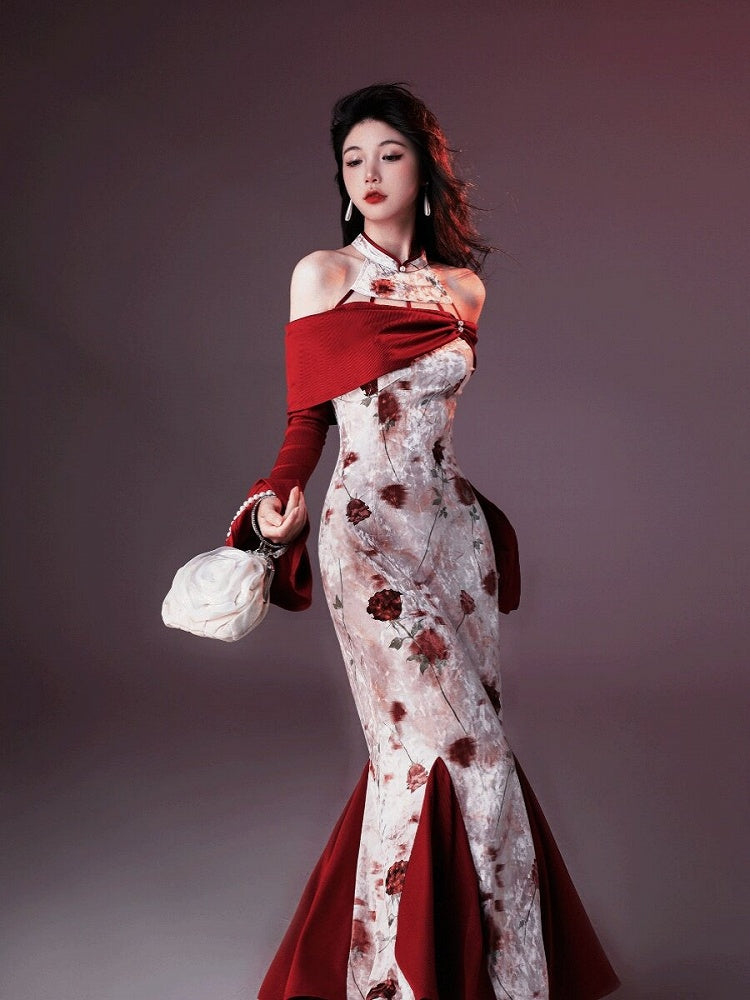 Elegant Long Fish Tail Dress with Rose Print & Cutout Shoulder - sijinstudio