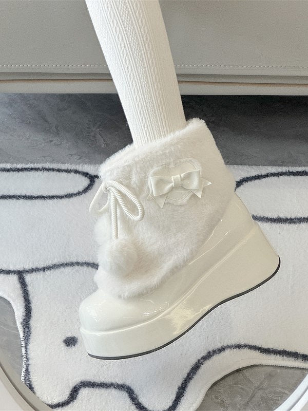 Lolita Bows Sweet Slip-On Ankle Round-Toe White Boots with Decor Pompon Accents