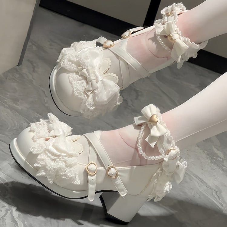 White Lace Bowknot & Rabbit Ear Heels with Pearl Chain - Meng Ka Jiang