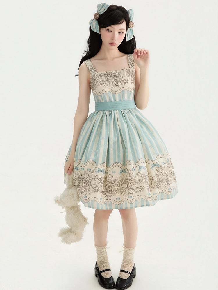 Clock Print and Short Blue Version Lolita Classic Floral Skirt Jumper