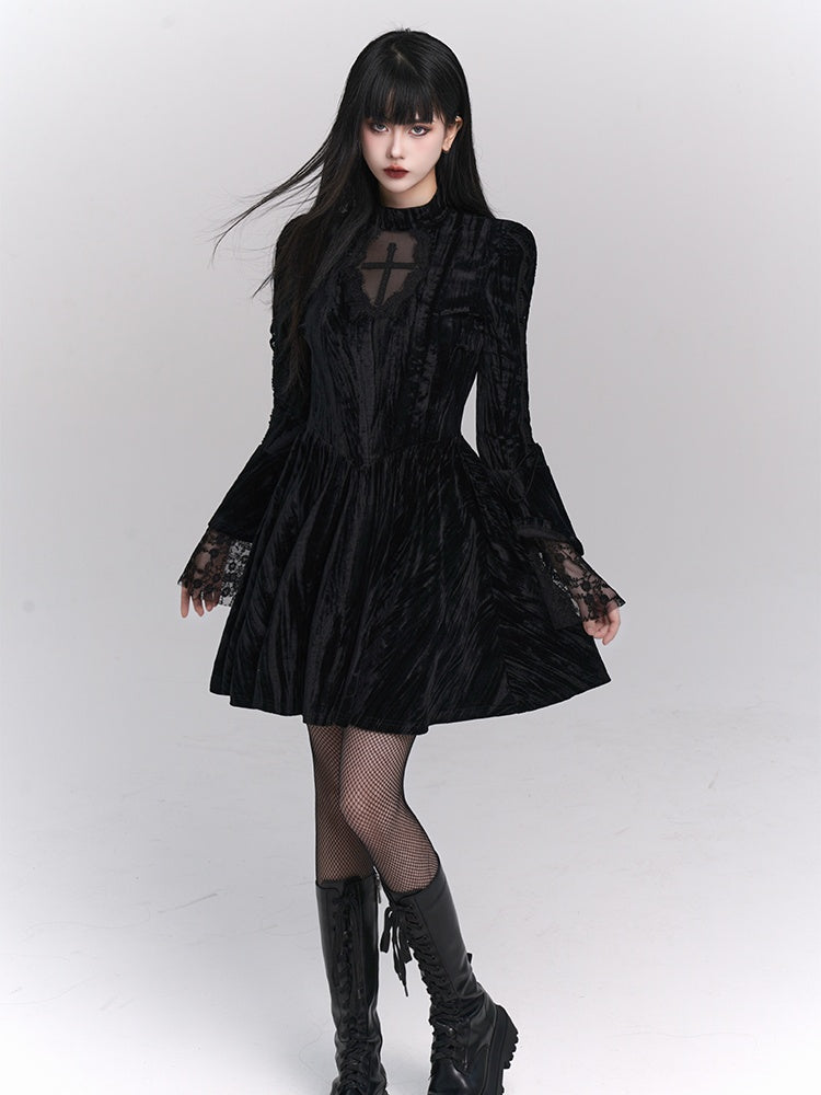 Black Gothic Cross Lace Trim Dress with Lace-up Detail at Bell Sleeves