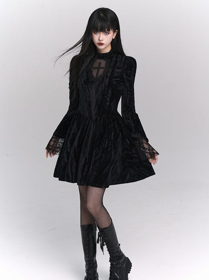 Black Gothic Cross Lace Trim Dress with Lace-up Detail at Bell Sleeves