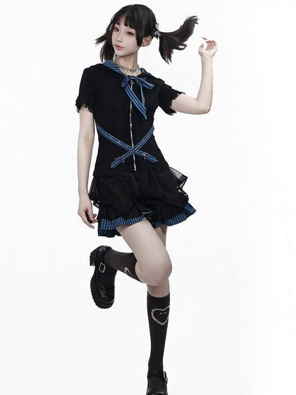 Plaid Hooded Cinched-Waist Top with Buckle Strap - PINK SAVIOR