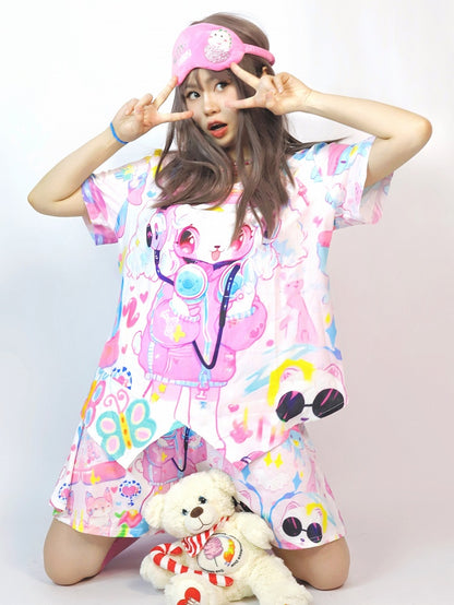 ファッションプリントの漫画袖ギャルショートカラフルシャツ