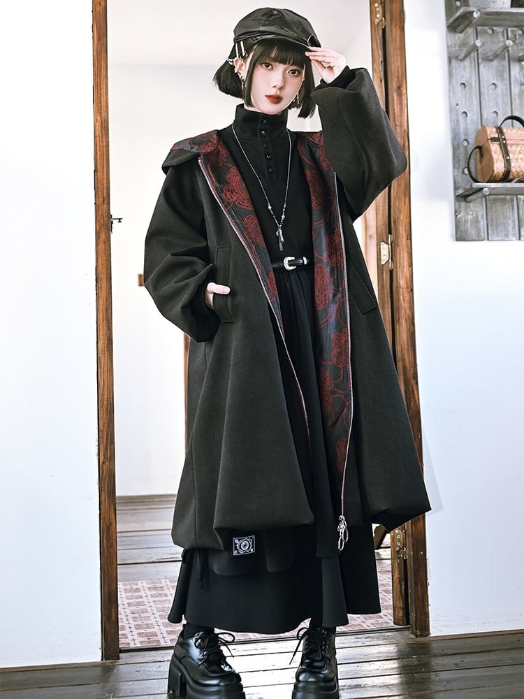 Noir fleuri - avec Imprimé Manteau Gothique à Capuche et Fermeture Éclair sur le Devant, Ourlet Bulle