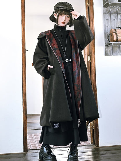 Noir fleuri - avec Imprimé Manteau Gothique à Capuche et Fermeture Éclair sur le Devant, Ourlet Bulle