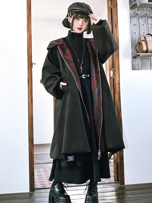 Floral Black - with Print Hooded Zipper Front Gothic Bubble Hem Coat