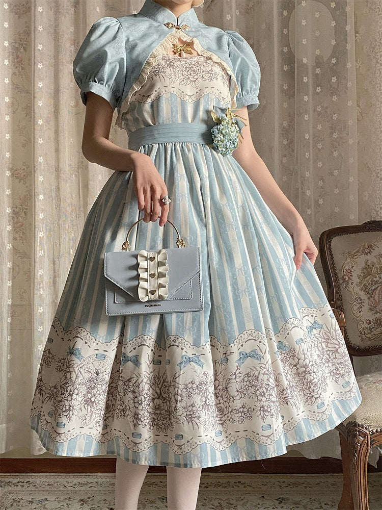 Version Jumper and Lolita Skirt Print Blue Classic Floral Clock Long