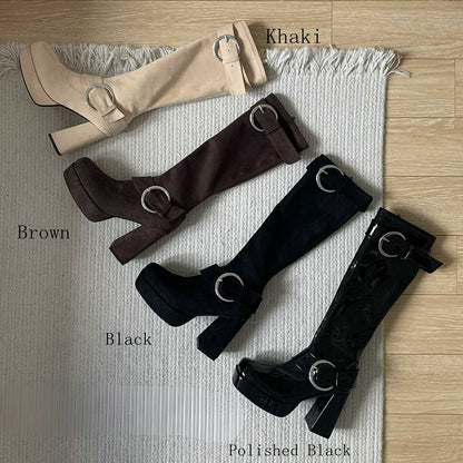 Lolita Heel Khaki - Inner Zip Knee-High Block Buckle Square Platform Boots High with Toe Accents