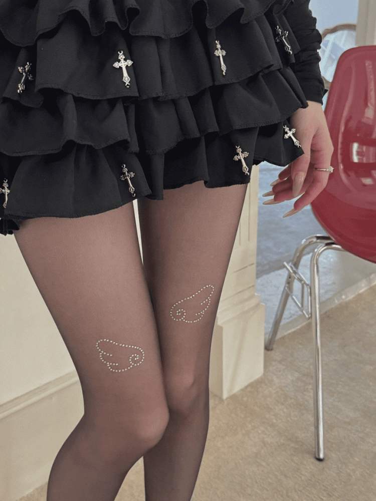 Semi-Sheer Shimmering Wings White/Black Pattern Tights