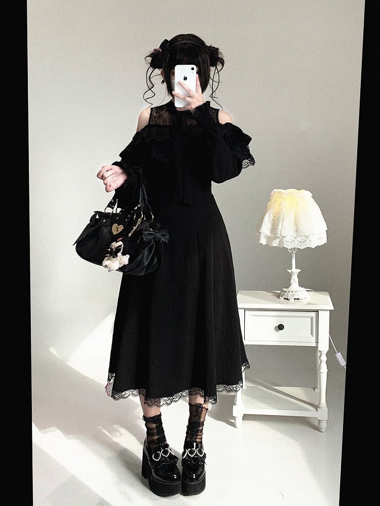 Dress Shoulder Kei with Jacquard Long-Sleeve Rose and Lace Cutout Ruffled Black Jirai Bow