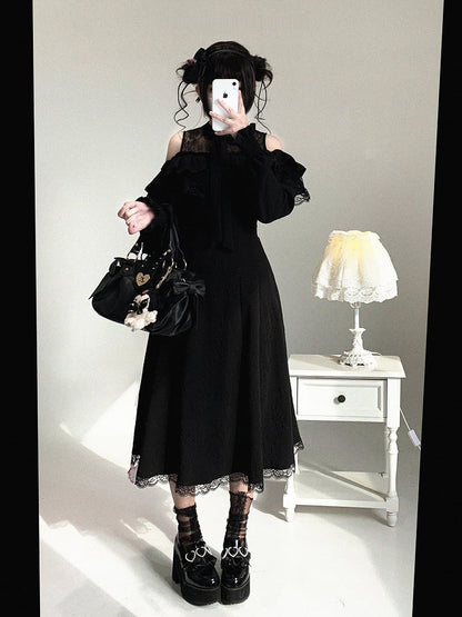 Dress Shoulder Kei with Jacquard Long-Sleeve Rose and Lace Cutout Ruffled Black Jirai Bow