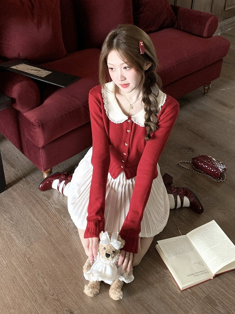 Red Knit Peter Pan Collar Cardigan with Lace - Qchiwawameme