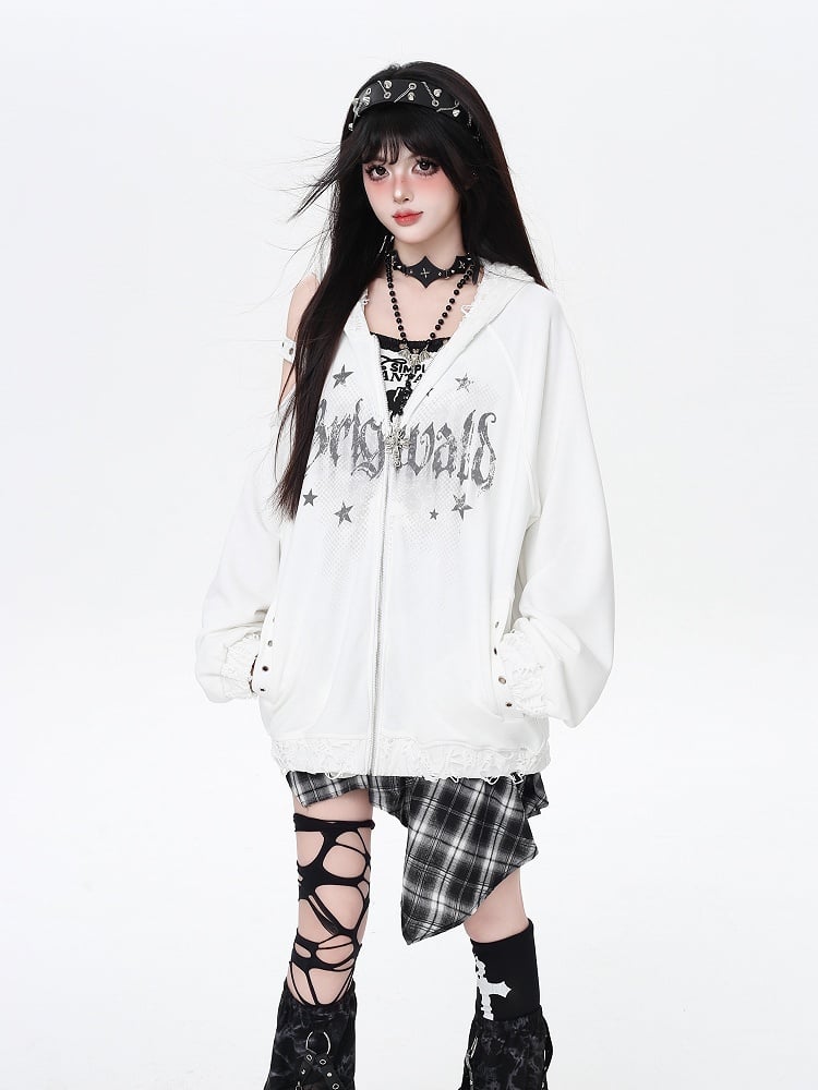 Kapuzenjacke mit Reißverschluss, Löchern im Used-Look und ausgeschnittener Schulterpartie, Weiß/Schwarz