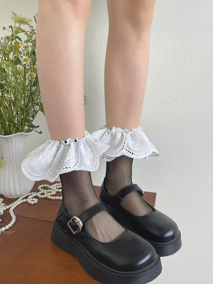 Black Wide White Trim Sheer Socks with Embroidered
