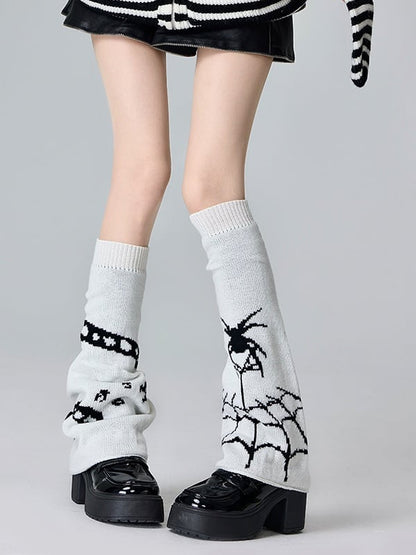 ブラック/ホワイト スパイダー柄 ニット レッグウォーマー