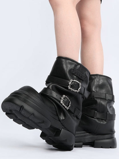 Black and Buckle with Boots Details Punk Studded Platform Stacked Accents