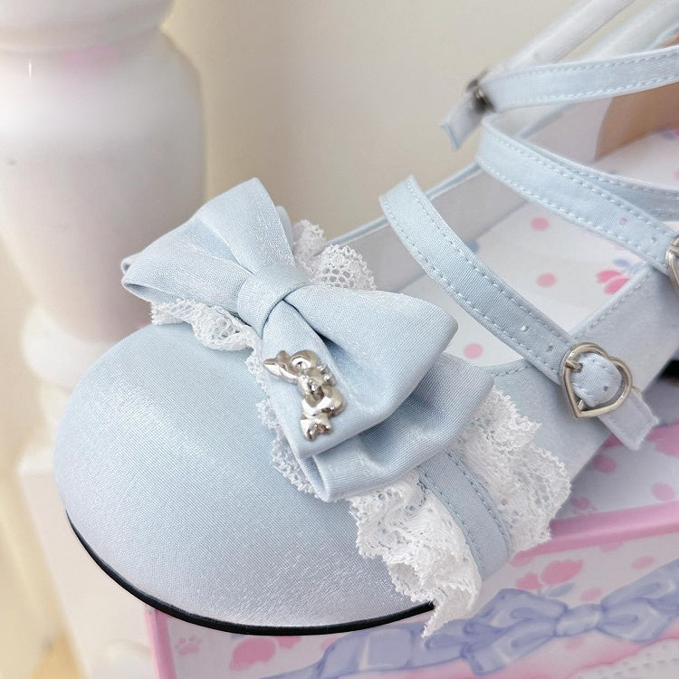 Mary Round - Toe Lolita Sweet with Bow Satin Blue Janes Details