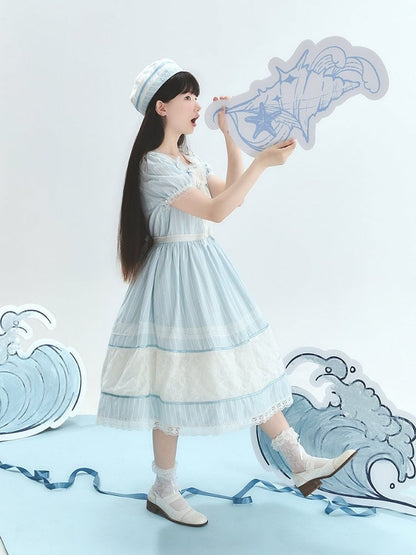 Blue Striped Lace OP with Bow Tie - Liz Bird