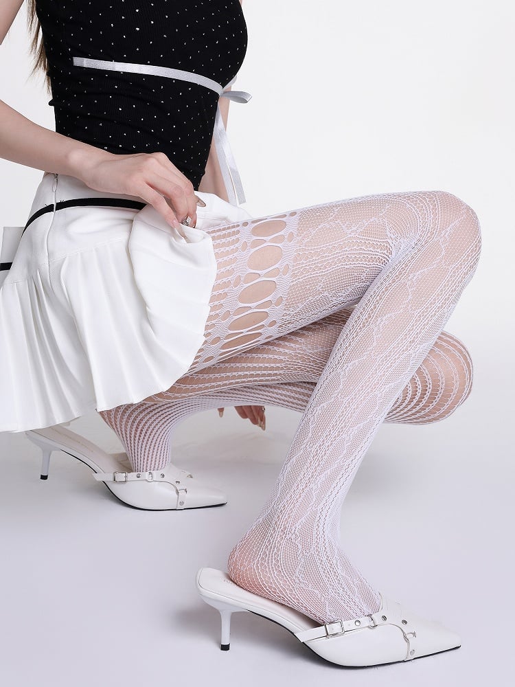 White/Gray Asymmetrical Lace Tights Fishnet Design Cut-Out