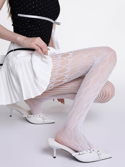 White/Gray Asymmetrical Lace Tights Fishnet Design Cut-Out