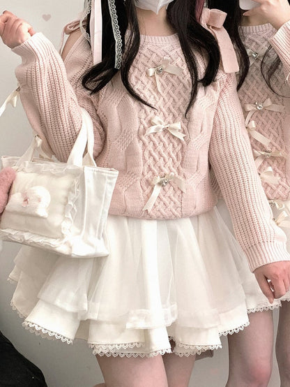 Blue Bow Accents Cutout Shoulder Landmine Style Sweater