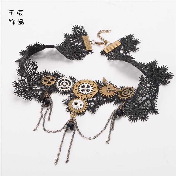 スチームパンク ロリータ タッセルギア ブラック レース チョーカー
