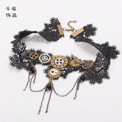 スチームパンク ロリータ タッセルギア ブラック レース チョーカー