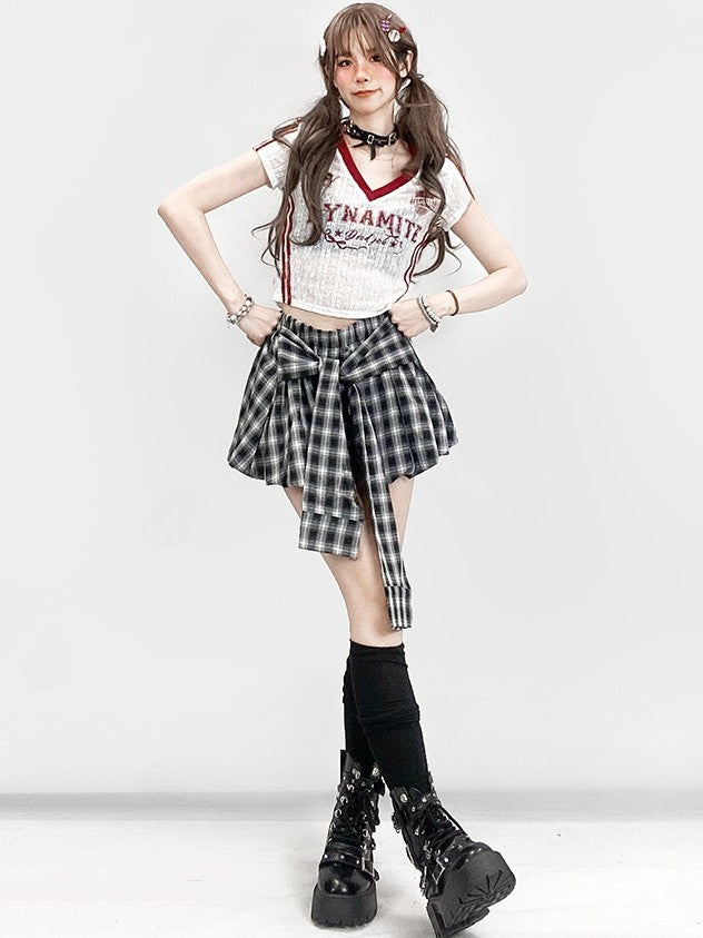 Design Y2K BlackWhite Plaid Glamorous Skirt Lace-up Pattern Bubble