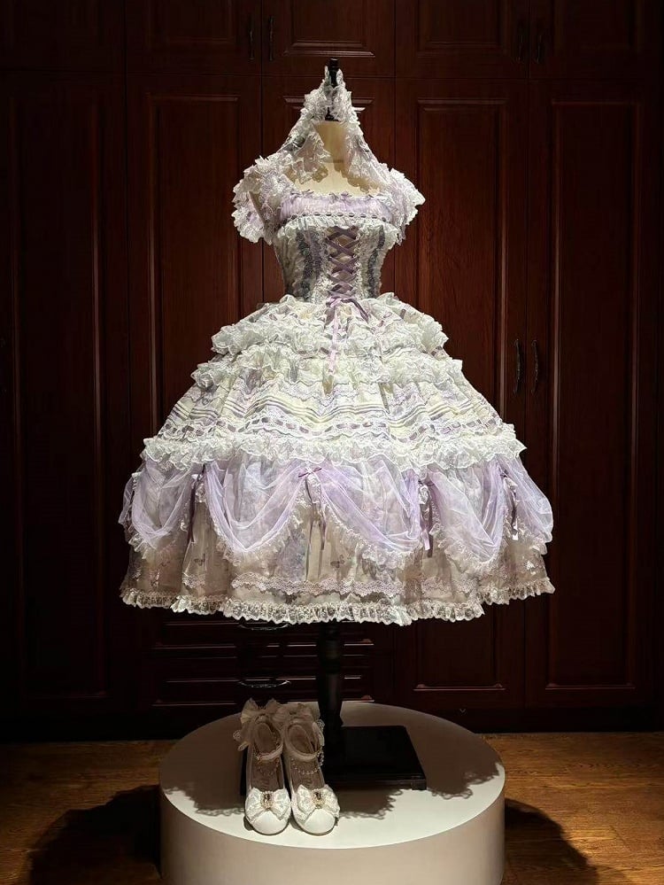 Lace White Purple Floral Hairband Top + Set Bow Skirt Embroidered Train Layered