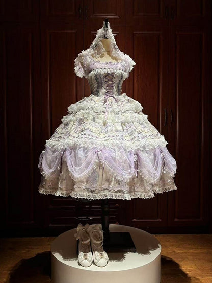 Lace White Purple Floral Hairband Top + Set Bow Skirt Embroidered Train Layered