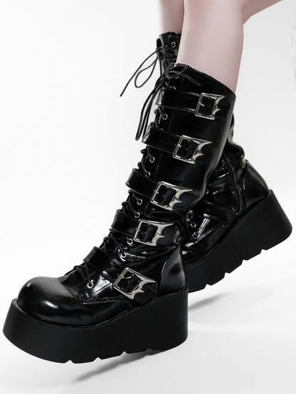 en PU noir hybride style plateforme de sécurité semelle punk système de démarrage à hauteur du genou