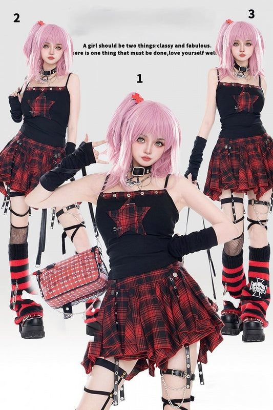 With Cami Applique Black Top Red Star Plaid