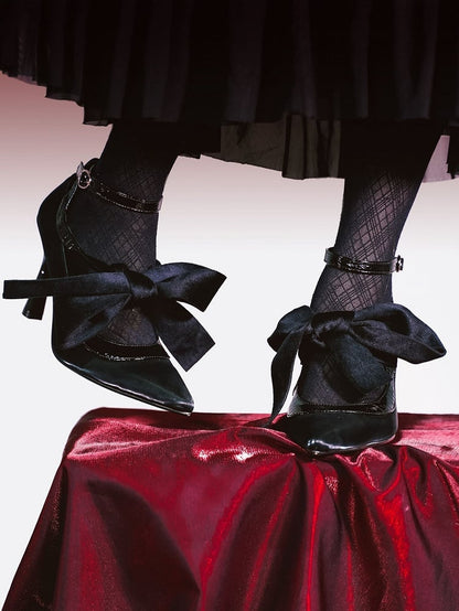 Heels Black Accent Knotted Toe Pointed High Bow Gothic with