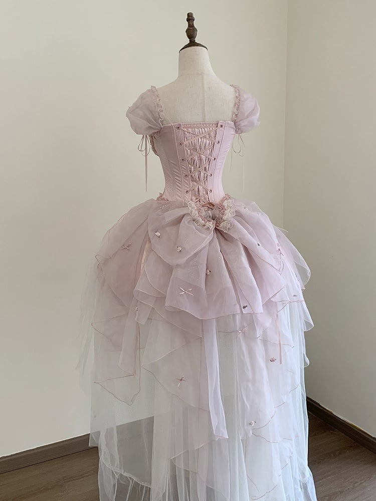 Ärmel Lagen-Outfit Top Korsett Balletcore Rüschen Rosa Stäbchen Puff Prinzessin Lolita + Rock BE006