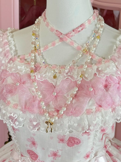 And Bowknot Pink/Blue Pendant Beaded Necklace Floral