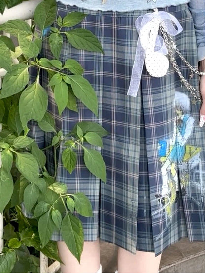 Plaid Vintage Blue Skirt Printed Pleat Box
