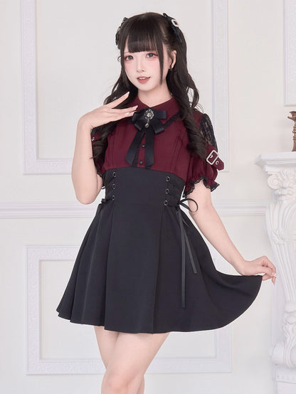 Jirai Kei – Rotes Kleid mit hoher Taille und Kunstschnürung, Schwarz/Schwarz, zweiteilig