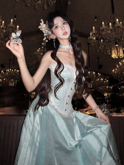 Fishbone Bodice Mint Blue Lace Trim Corset - San Sheng Du