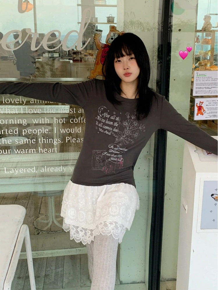 Lace Tiered Hugging Top Print Gray Bear White / with