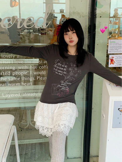 Lace Tiered Hugging Top Print Gray Bear White / with