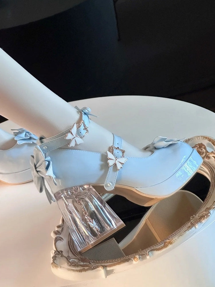 with Diamond-like Light Mary Janes Snap High-heel Charm Closure Blue Hime Lolita