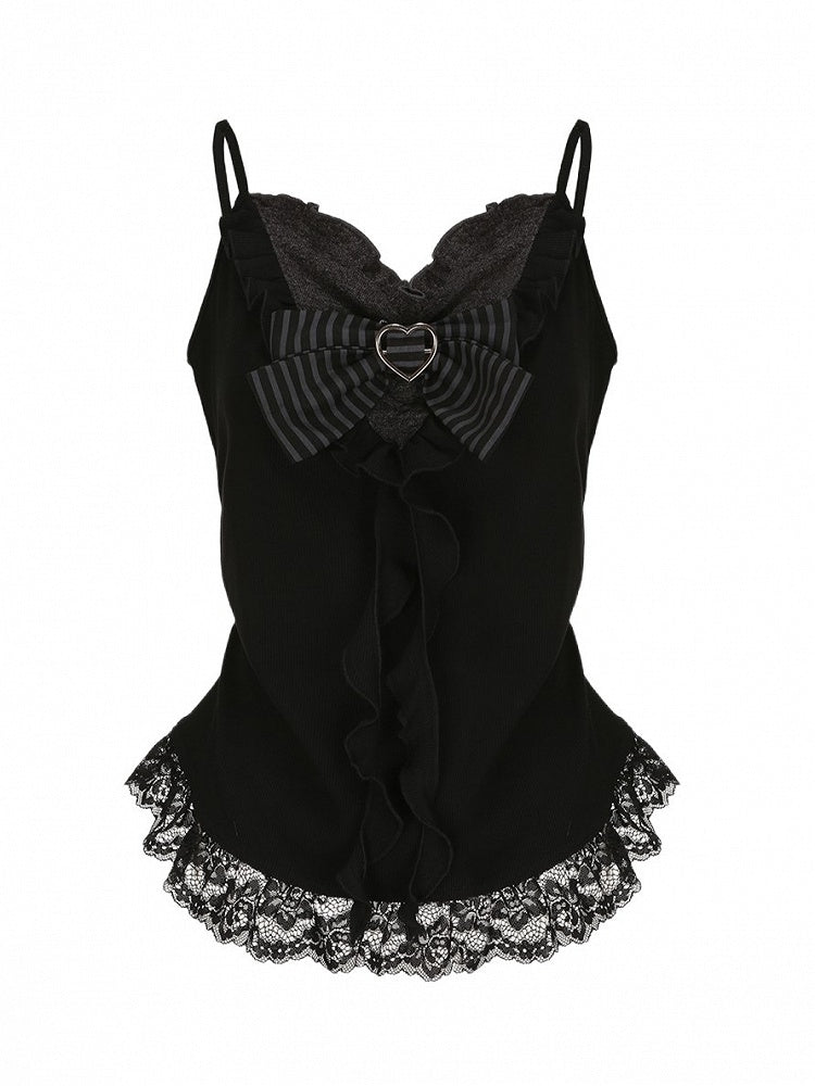 Plus with Striped Buckle Lace-trimmed Size Cascading Top Bow Ruffles Cami Black Heart