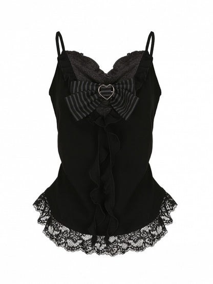 Plus with Striped Buckle Lace-trimmed Size Cascading Top Bow Ruffles Cami Black Heart