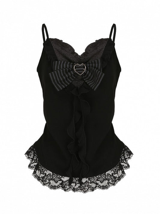 Plus with Striped Buckle Lace-trimmed Size Cascading Top Bow Ruffles Cami Black Heart