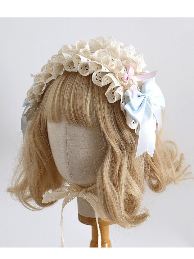 BluePink Hairband Decorated Lolita Sweet Beaded Ruffled Details Bowknot